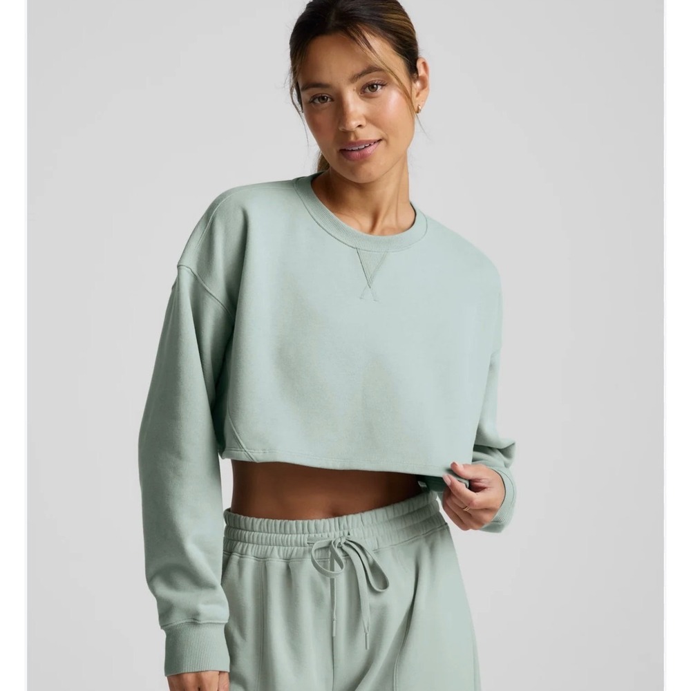 Beyond Yoga Women Cropped Sweatshirt Sage Green Crew Neck Fleece Pullover Large